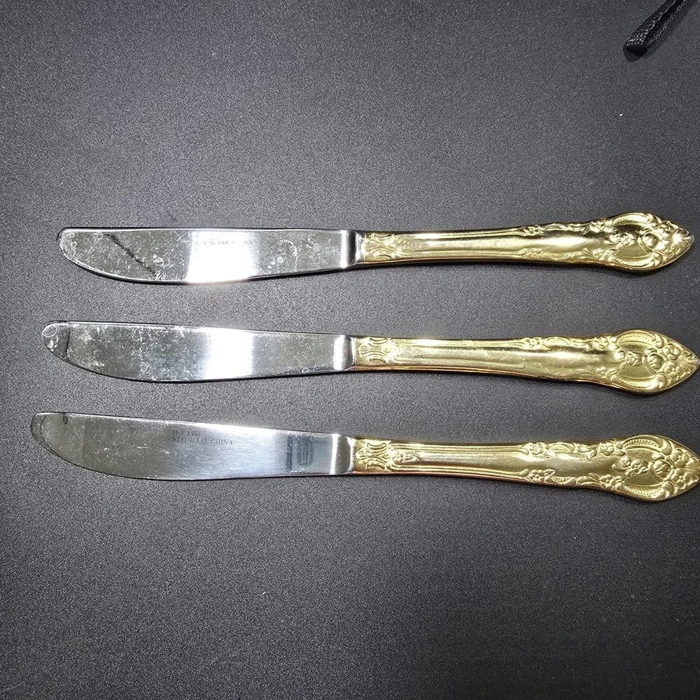 Vintage Hanford Forge LTD Gold Plated Stainless Steel Dinner Knives  Set Of 3